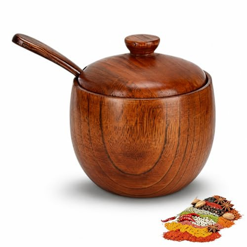 Hominas Zuckerdose Holz, Salztopf Gewürzglas Salzdose, 8 x 9 cm | Zuckerschalen mit Löffel und Deckel Gewürzgläser für Salz, Gewürze, Kräuter, Pfeffer