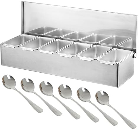Kuabiz Stainless Steel Condiment Containers with Lid,Seasoning Spice Box,Detachable Ingredients Trays Containers,Compartment Reusable Serving Container&Salad Pizza Topping Station