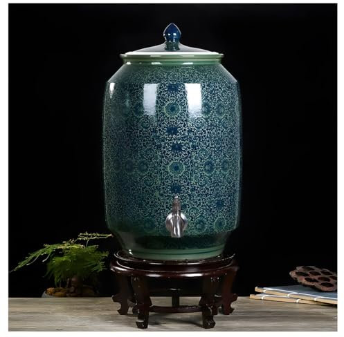 zktoermn Dispensador De Agua De Cerámica, Botes De Vino Y Té con Tapa Grifos De Acero Inoxidable, Base De Madera Maciza De 5 Pulgadas, para Capacidad De 25 Kg(Blue-B)