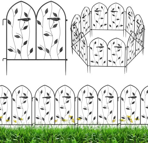 Vintage Decorative Garden Fence 6 Pack, 24in(H) x 10Ft(L), Metal Garden Fencing Panel, Landscape Pathway Edge Iron Picket Fence Panels (Black)