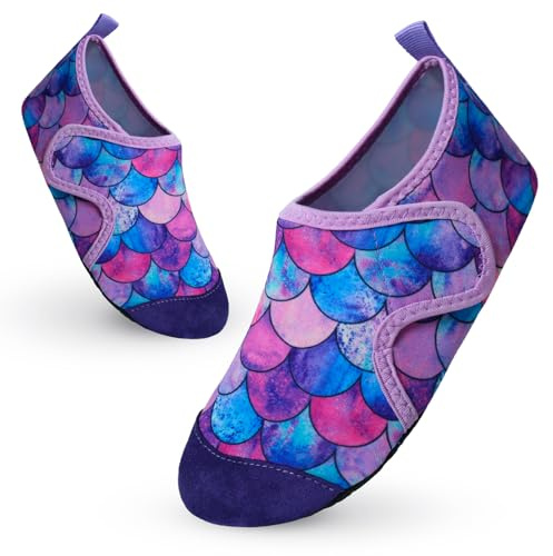 Vorvowry Badeschuhe Kinder Mädchen Jungen Wasserschuhe rutschfeste Schwimmschuhe Schnell Trocknend Aquaschuhe Leicht Strandschuhe Barfußschuhe Badesocken Kleinkinder Lila Fischschuppen 28-29