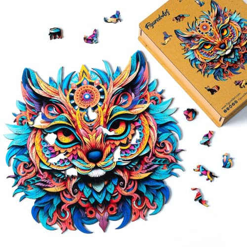 Figured'Art Holzpuzzle Erwachsene und Kinder 200 Teile Tiere - Lebendiges Katzen-Mandala - Originelles Design 28,5x28,5 cm Einzigartige Form mit Premium-Holzkiste