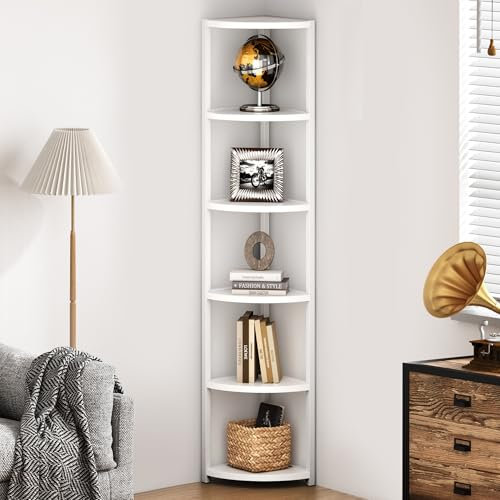 SogesHome Bücherregal Standregal für Ecke 6 Stöckiges Eckregal Freistehendes Regal Aufbewahrungsregal Industrielles Holzregal Regale Ständer für Küche Wohnzimmer Schlafzimmer, 34 * 34 * 165 cm (Weiß)