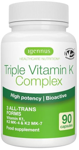 Igennus Hochdosierter Dreifacher Vitamin K Komplex 2700 mcg, Vitamin K1 & K2 (MK-4 & MK-7), bioaktive naturidentische Formen, hochdosiert, Knochen & Herz-Kreislauf-System, Clean Label, 90 Kapseln