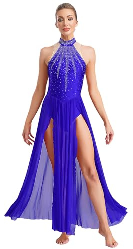 Fldy Damen Lyrischer Tanzkleider Lang Glitzer Ärmellos Trikot Mit Bein-Schlitz Swingrock Contemporary Zeitgenössisches Tanzkostüm Blau M