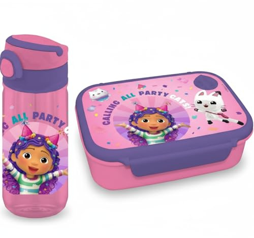 Diakakis Gabby's Dollhouse - Set di contenitori per il pranzo per bambini, con contenitore per panini e borraccia da 500 ml, per scuola, viaggi, senza BPA