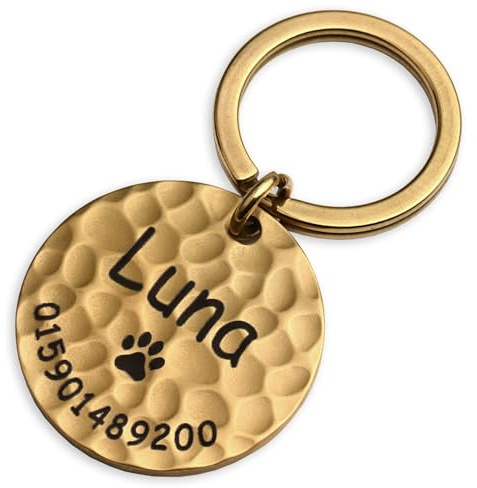 Hundemarke mit Gravur mit gehämmerter Oberfläche | Adressanhänger Hund personalisiert mit Namen und Telefonnummer | Originelle Hundemarke für Welpen Zubehör Dog Tag
