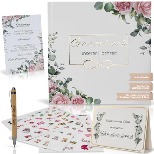 Premium Gästebuch zur Hochzeit mit Fragen zum Ausfüllen für die Ewigkeit | mit Tischkarten, Stickern, Stift, edle Gold Prägung, 50+ Gäste, Rosa + Euka