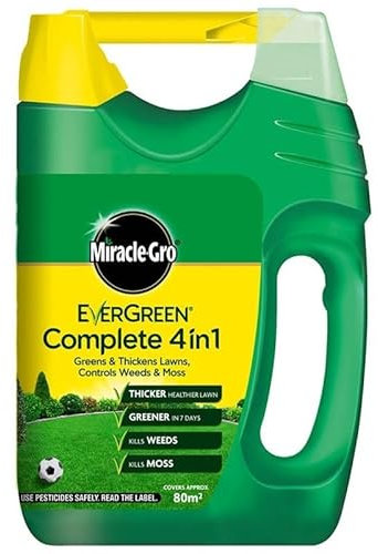 MiracleGro Evergreen Complete 4-in-1 Spreader, 80m² Weed & Moss Killer, Lawn Fertiliser, Ideal for Healthy Grass, Trees, Shrubs & Bulbs, 1.5kg