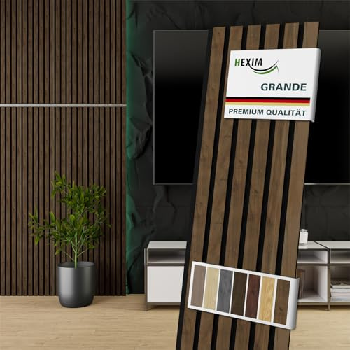 HEXIM Akustikpaneele 10 Stück 140x30cm Holz Grande - Wandpaneele Platten Lamellen Holzpaneele Echtholzfurnier 21mm Filz Schalldämmung MDF Braun (4,19m² Light Walnut)