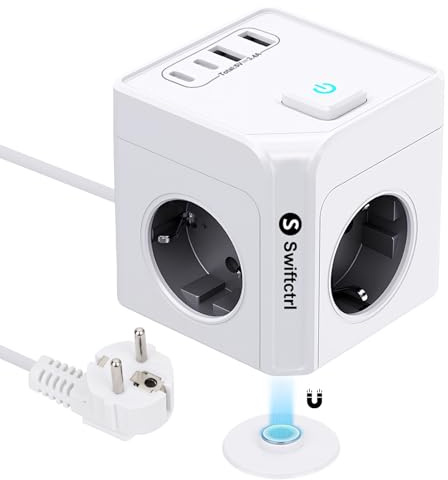 Regleta Múltiple Magnética 7 en 1 con 3 Enchufes Schuko (Tipo F), 2 USB-C y 2 USB-A, Montaje Magnético, Enchufe EU, Cable 1,5 m, 3680W, Interruptor, con Protección Infantil para Escritorio o Pared