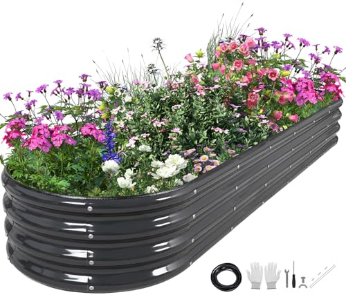 TECANA Hochbeet Metall 240 x 60 x 30cm, Verzinktes Hochbeete für Garten, Wetterfest & Rostfrei, Gemüsebeet Gartenbeet Ovales Hochbeet für Gemüse, Kräuter, Langlebig Pflegeleicht, Grau