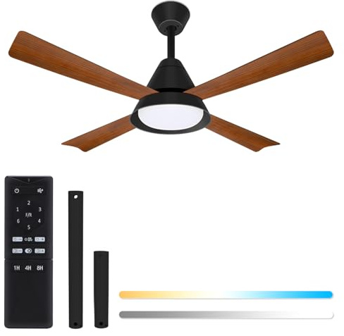Aigostar ventilador de techo silencioso con luz 4 aspas de imitación de madera motor reversible uso en invierno y verano temporizador 6 velocidades ajuste de brillo y color ahorro de energía Negro