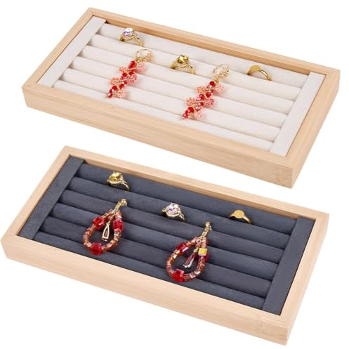 Beebeecraft Vassoio Portaorecchini in Legno Bicolore 2 Scomparti Rettangolare in Velluto per Gioielli Organizer per La Casa Scrivania Negozio Vetrina (Bianco e Nero)