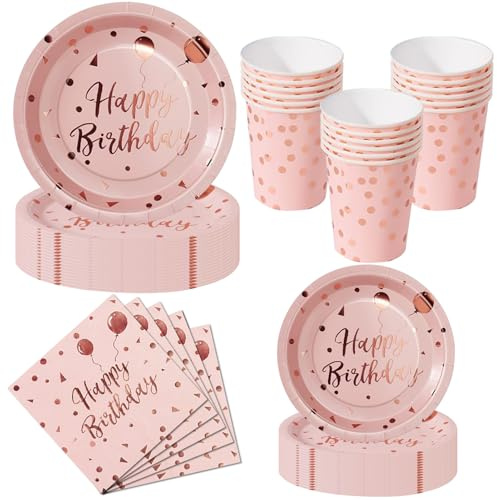 Nkaiso Birthday Party Plates Pups and Napkins Set, 50 Piece Pink and Rosegold Party Tableware Set, Disposable Paper Plates Cups Napkins - Birthday Dinnerware for Celebrations