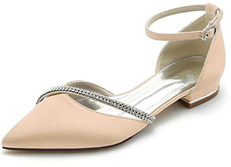 HFWXYSA Donne Cinturino alla Caviglia Ballerine da Sposa in Raso A Punta Scarpe da Sposa Basse Sandali da Festa con Strass,Champagne,38 EU