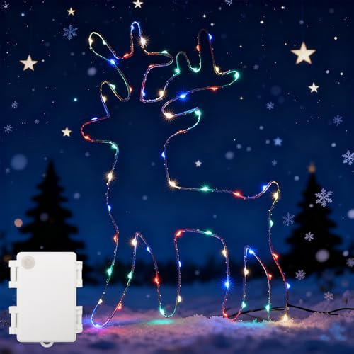 ENLACE Beleuchtet Rentier Weihnachtsdeko, 45 LED Bunt Fenster Beleuchtung Lichterkette Batteriebetrieben, 8 Modi Weihnachtsbeleuchtung für Weihnachten, Party, Vorhang, Balkon, Hochzeit, Wasserdicht