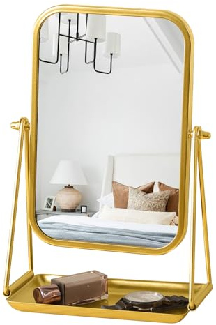 Gold Desk Mirror Rectangular Tabletop Vanity Makeup Mirrors with Metal Stand and Storage 360°Rotation Adjust Table Mirror Portable Cosmetic Mirrors for Dressing Bathroom Bedroom