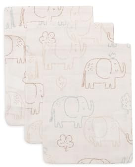 Jollein Waschlappen Baby – Elephant Tales – 3er Pack – 15x20cm – Musselin – 100% Baumwolle – Baby Waschlappen – OEKO-TEX Zertifiziert