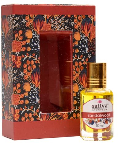 Sattva Ayurveda Sandelholz Attar Parfümöl Roll-On – Alkoholfreies Indisches Parfumöl mit Jojobaöl & Olivenöl – Warmer Cremiger Sandelholz Duft für Damen & Herren – Langanhaltend – 10 ml