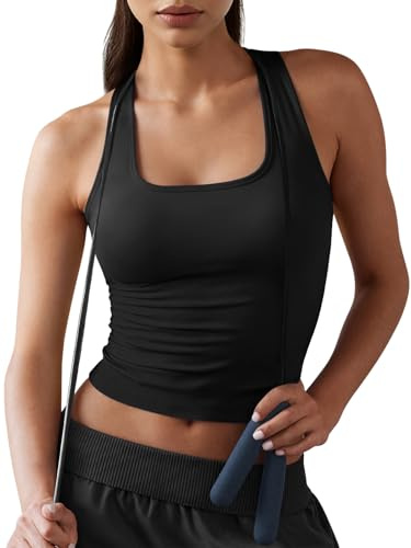 Fisoew Womens Square Neck Sleeveless Tank Top Built-in Bra Racerback Tank Fitted Y2K Basic Workout Crop Tops Black