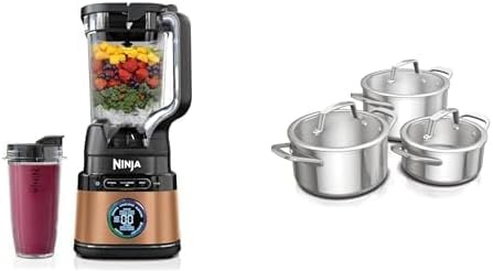 Ninja Detect Power Blender Pro & Single Serve 2-en-1, mixeur 1200W avec récipient 2L, 1 gobelets individuel, TB301EUCP + Ninja EverClad Batterie de 3 marmites en acier inoxydable, C93003EUI