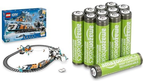 LEGO City Arctic Express RC Train, 22 tracks, 7+ years, 60470, & Amazon Basics AAA Rechargeable 12 pack, 850mAh