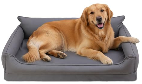 Favodormir Ortopedisk hundsäng, vattentät hundsoffa i konstläder – 111 x 81 cm för stora hundar, hundsängar med ägglådskum, avtagbar tvättbar hundkudde, halkfri hundkorg, grå