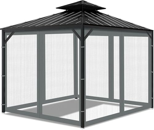 Universal Gazebo Mosquito Netting Replacement, 4-Panel Gazebo Curtain Screen Sidewalls with Zipper & Hooks for Outdoor Patio Garden Canopy and Pergola Fly Insect Protection (Grey, 10'×10')