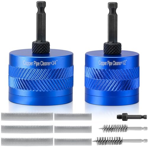 2PCS Copper Pipe Cleaner, 1/2 & 3/4 Drill Tube Cleaning Brush, Plumbing Copper Pipe Cleaner for Drill, Metal Deburring Tool with 6 Brush Blades & 2 Pipe Stainless Steel Bristles for Rust Removal