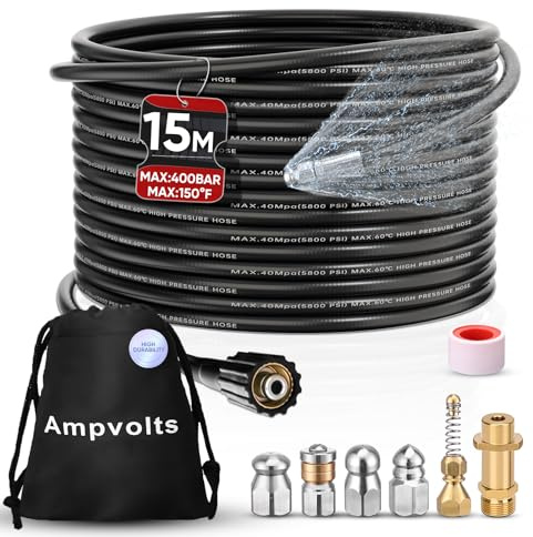 Ampvolts Sonda Sturatubi per Idropulitrice 15 m, 5 Ugelli | 400 bar/5800 PSI, 5 ugelli e adattatore in ottone, compatibile con Karcher K2 K3 K4 K5 K6 K7, per tubi e scarichi