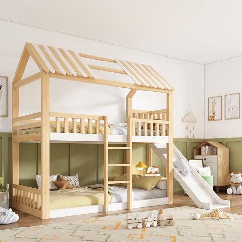 VIVCA Etagenbett Kinder 90x200 mit Giebeldach, Hausbett Hochbett mit Regal und 35 cm Rutsche, sicherer Aufstieg, ideal für Familien mit Zwei Kindern, Natur, Weiß, ohne Matratze, EN 747