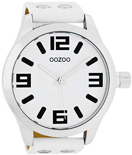 Oozoo XXL Armbanduhr Basic Line mit Lederband 52 MM Weiß/Weiß C1000