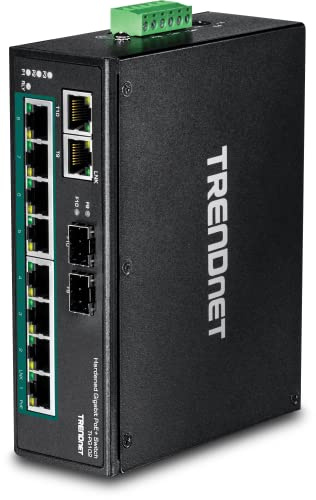 TRENDnet, TI-PG102, Commutateur Industriel 10 Ports Gigabit PoE+ sur Rail DIN, 8 Ports Gigabit PoE+, Montage sur Rail DIN, 2 emplacements SFP, Budget d'alimentation PoE 240 W, IP30, QoS