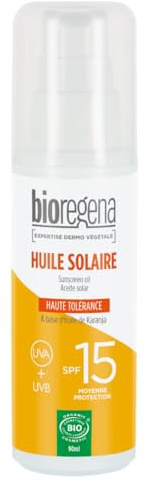 Bioregena | Huile Solaire SPF15 bio | Moyenne protection solaire | Peaux légèrement hâlées et mates | Huile de Karanja | Texture sèche | Pénètre rapidement & Ne colle pas | Made in France | 90 ml
