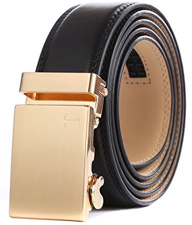 Tonywell Mens Genuine Leather Ratchet Fashion Belt with Automatic Buckle (One Size:32-45 Waist, Gold Metal Buckle & Black Leather)