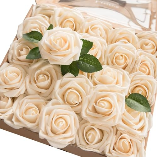 Ling's moment Artificial Flowers 25Pcs Cream Roses Decor w/Stems,3 Real Touch DIY Foam Floral for Wedding Bouquet/Centerpieces, Outdoors Party Backdrop, Room/Table, and Garden/Pot Decorations