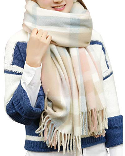 heekpek Damen Kariert Oversized Kaschmir Schal Lange Winterschal Weich Wraps Groß Karo Fransen Schal Warm Schal für Herbst Winter, Beige rosa
