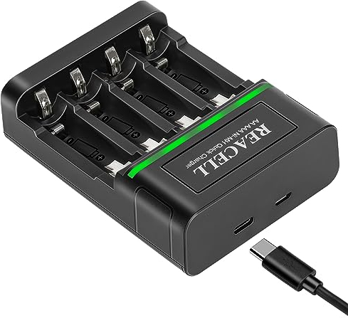 REACELL AA AAA Caricabatterie Pile Ricaricabili, 4 Slot Indipendente Caricatore Rapido, Ni-MH Carica Batterie con LCD Display Porta USB Tipo C