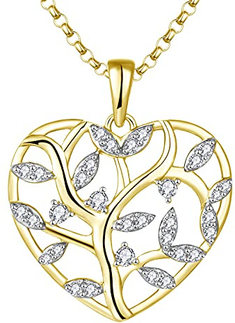 JO WISDOM Collana di Albero della vita Argento 925 Donna,Ciondolo con Catena Cuore Zirconia cubica 3A con baño de Oro Amarillo