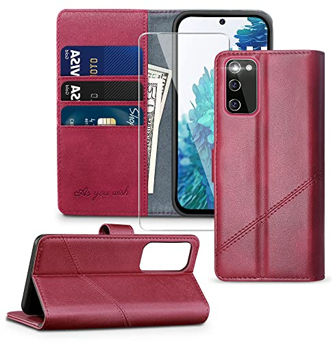 KRAFTCARE Handyhülle für Samsung Galaxy S20 FE Hülle | Klapphülle mit Premium PU Leder, 3 Kartenfächer + Geldscheinfach, Ständer, Stoßfeste, RFID Blockierung, Weinrot