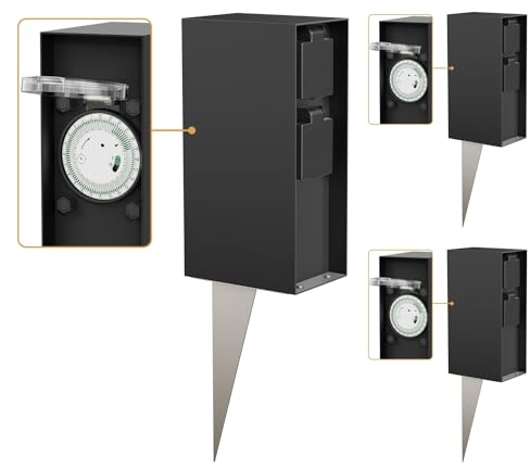 ledscom.de 3 Stück Garten-Steckdosensäule POMI mit Erdspieß für außen, IP44, Timer/Zeitschaltuhr, 2-Fach, schwarz, eckig, 23cm