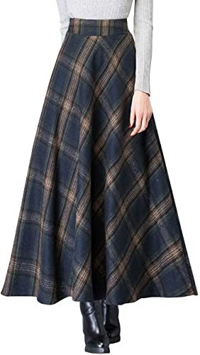 ebossy Jupe Longue Vintage Taille Haute en Laine mélangée avec Poche pour Femme, Plaid Bleu., Taille M