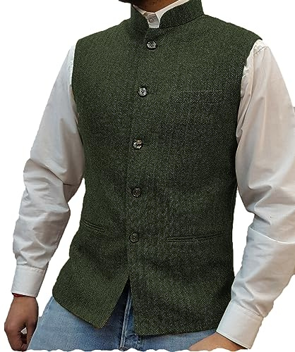 Tuikayoo Mens Herringbone Wool Vests Suit Business Tweed High Collar Waistcoats Slim Fit(Large, Army Green)