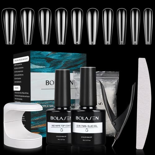 BOLASEN Gel X Nail Extension Set Mit 5in1 Nagelkleber Und Top Coat, 500 PCS Ballerina Tips, UV Lampe - Einfach DIY
