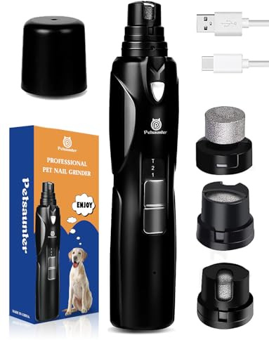 Petsaunter Dog Nail Grinder, 2-Speed and LED Light, Powerful Touch-Switch, TypeC Quiet and Low-Vibration Dog Nail Trimmers, and 3 Ports for Large, Medium, Small Dogs Cats Pets with Hard or Thick Nail