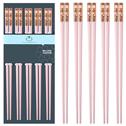 Slivek 5 Paar Fiberglas-Essstäbchen, wiederverwendbar, Premium-Essstäbchen, japanisch, chinesisch, koreanisch, spülmaschinenfest, rutschfest, leicht, 24,4 cm, Rosa-Clear Sakura