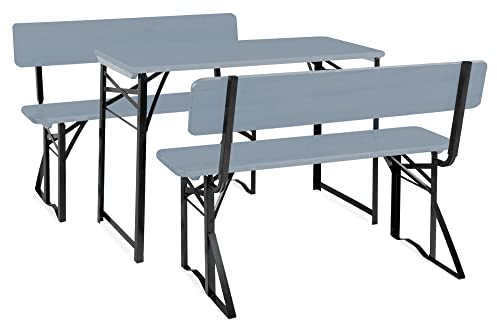 Stagecaptain BBDL-119 GY Hirschgarten Bierzeltgarnitur mit Lehne für Balkon - 119 cm Länge - Klappbare Festzeltgarnitur 1x Tisch, 2X Bank - Holz Sitzgarnitur - Innen & Außenbereich - Grau