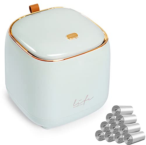 BITOSEE Mini Countertop Trash Can with 10 Rolls of Trash Bags, Waste Can with Press Type Lid, Desktop Trash Can Applicable for Bathroom Vanity,Coffee Table,Offices,Waste Basket (Trash Can-Blue)