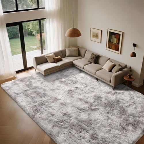 Cinknots Teppich Wohnzimmer Groß Hochflor,Teppich Schlafzimmer Waschbar rutschfest,Flauschiger Teppiche Innen Carpet Passend für Kinderzimmer Küche(Grau Weiß,160x230cm)